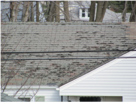 Visible signs of aging on a 3-tab asphalt shingle roof